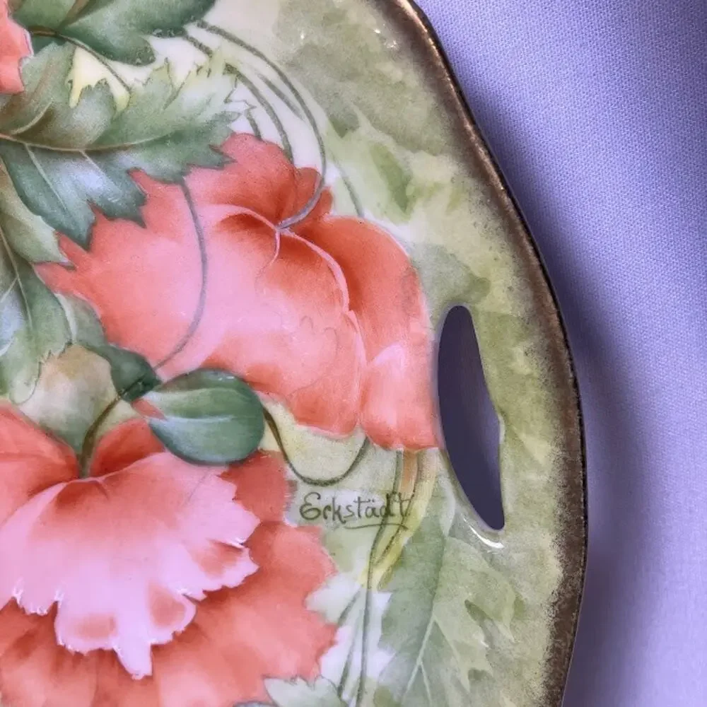 Antique Tirschenreuth Bavaria Porcelain Cake Serving Plate Floral Gold Rim 10.5”